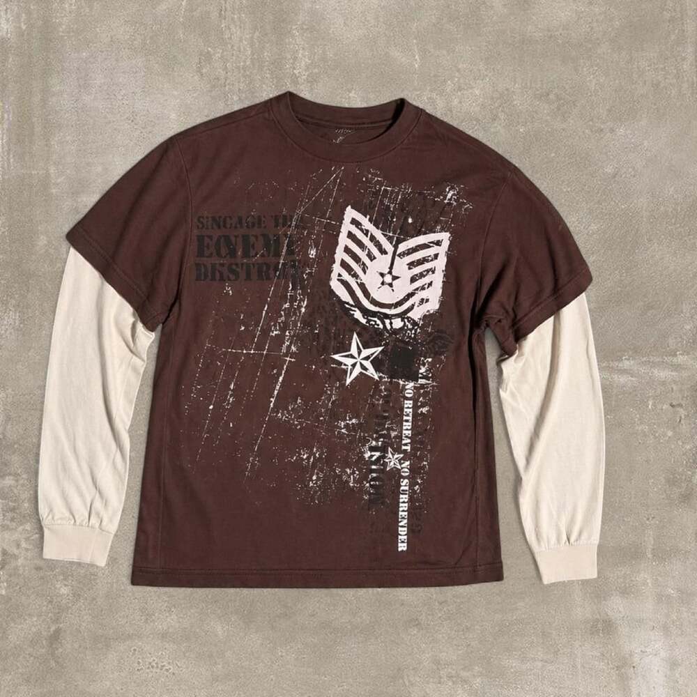 Hybird Graphic Layered Long Sleeve Tee Size Medium Brown Y2K Streetwear